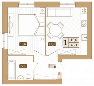 1-к квартира, строящийся дом, 43м2, 1/3 этаж