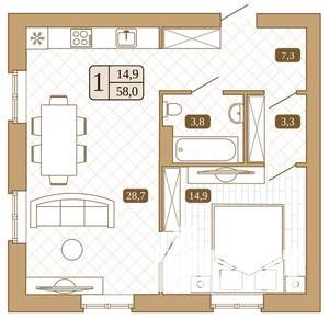 1-к квартира, вторичка, 58м2, 1/3 этаж