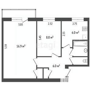 2-к квартира, вторичка, 43м2, 3/3 этаж