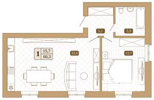 1-к квартира, вторичка, 60м2, 1/3 этаж