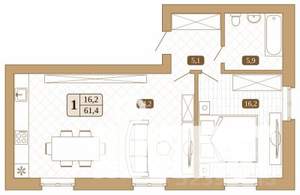 1-к квартира, строящийся дом, 61м2, 2/3 этаж