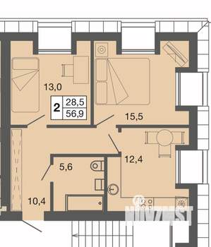 2-к квартира, вторичка, 52м2, 3/3 этаж