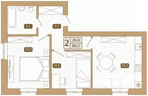 2-к квартира, вторичка, 60м2, 2/3 этаж