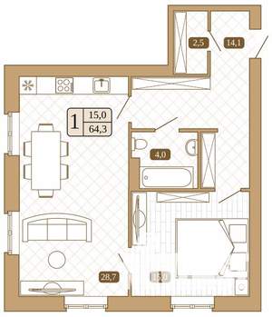 1-к квартира, вторичка, 64м2, 2/3 этаж