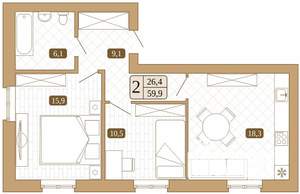 2-к квартира, вторичка, 60м2, 2/3 этаж