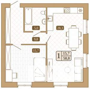 1-к квартира, строящийся дом, 59м2, 2/3 этаж