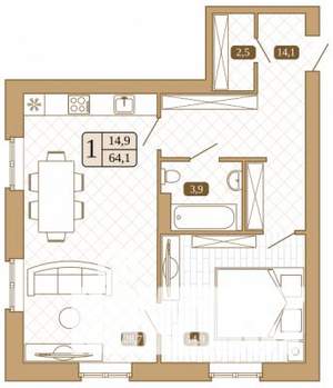 1-к квартира, строящийся дом, 64м2, 2/3 этаж
