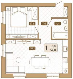 1-к квартира, строящийся дом, 54м2, 1/3 этаж