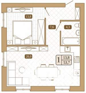 1-к квартира, строящийся дом, 54м2, 2/3 этаж
