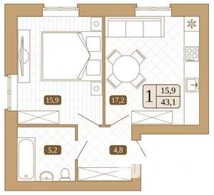 1-к квартира, вторичка, 43м2, 1/3 этаж