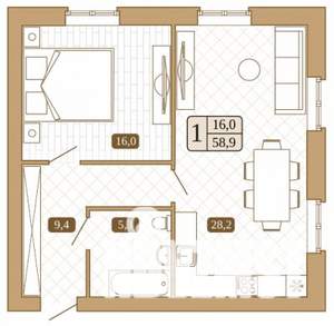 1-к квартира, строящийся дом, 59м2, 1/3 этаж