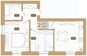 2-к квартира, вторичка, 60м2, 1/3 этаж