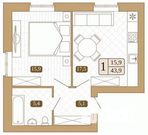 1-к квартира, вторичка, 43м2, 1/3 этаж