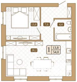1-к квартира, вторичка, 54м2, 1/3 этаж