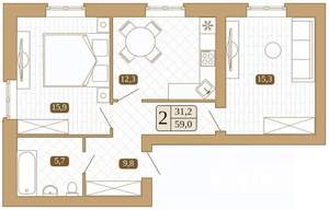 2-к квартира, вторичка, 58м2, 2/3 этаж