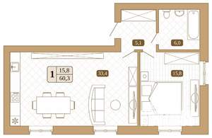1-к квартира, вторичка, 60м2, 2/3 этаж
