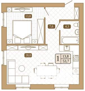 1-к квартира, вторичка, 54м2, 2/3 этаж