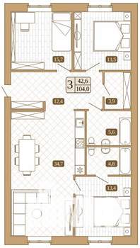 3-к квартира, вторичка, 104м2, 2/3 этаж