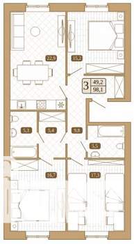 3-к квартира, строящийся дом, 98м2, 1/3 этаж