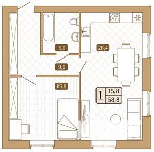1-к квартира, вторичка, 59м2, 2/3 этаж