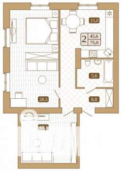2-к квартира, строящийся дом, 75м2, 1/3 этаж