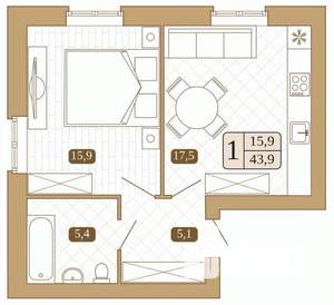 1-к квартира, вторичка, 43м2, 1/3 этаж