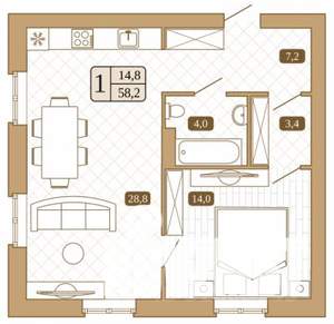 1-к квартира, строящийся дом, 58м2, 1/3 этаж