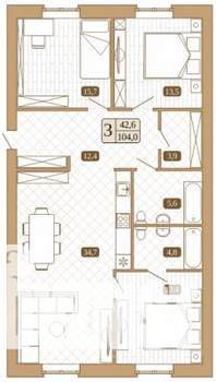 3-к квартира, строящийся дом, 104м2, 2/3 этаж