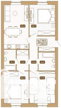 3-к квартира, строящийся дом, 102м2, 2/3 этаж